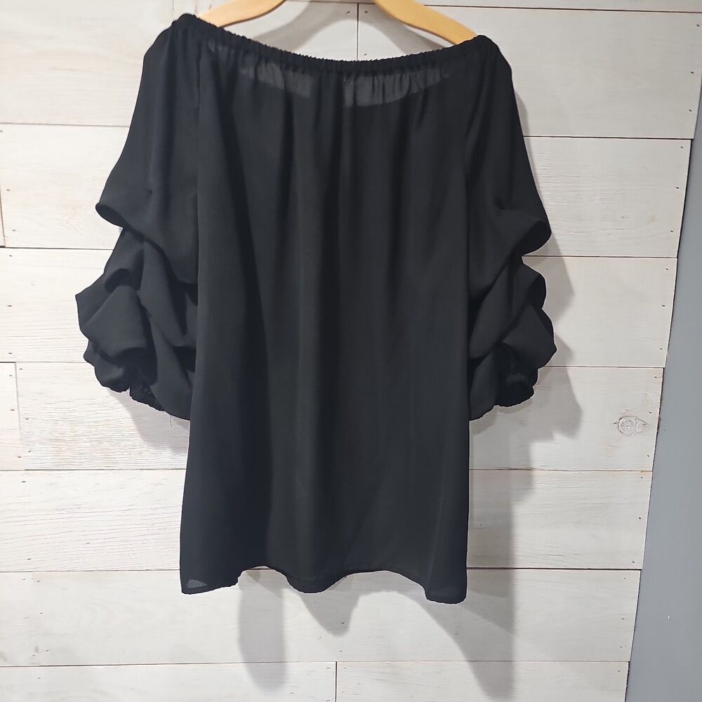 Coco Bianco Black Off The Shoulder Top Tiered Ruffle 3/4 Sleeve Blouse Size L - Picture 4 of 5